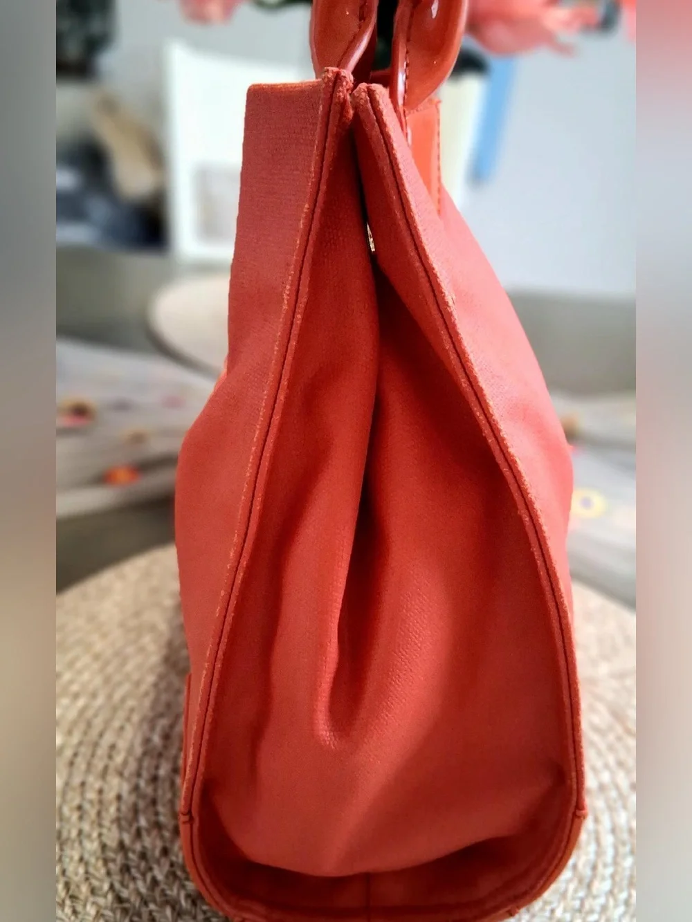 TORY BURCH ELLA CANVAS & PATENT TOTE PUMPKIN ORANGE
